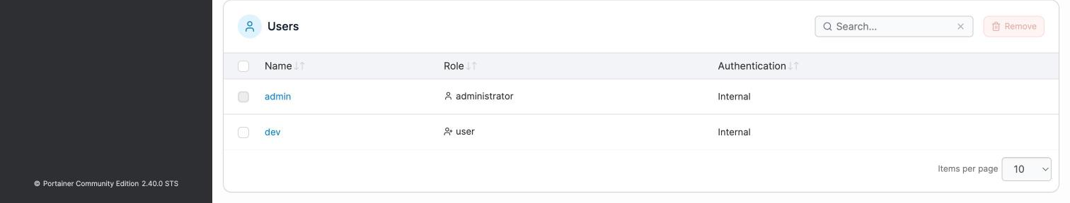 Portainer CE 2.40.0 user management showing admin as administrator and dev as a standard (non-admin) user