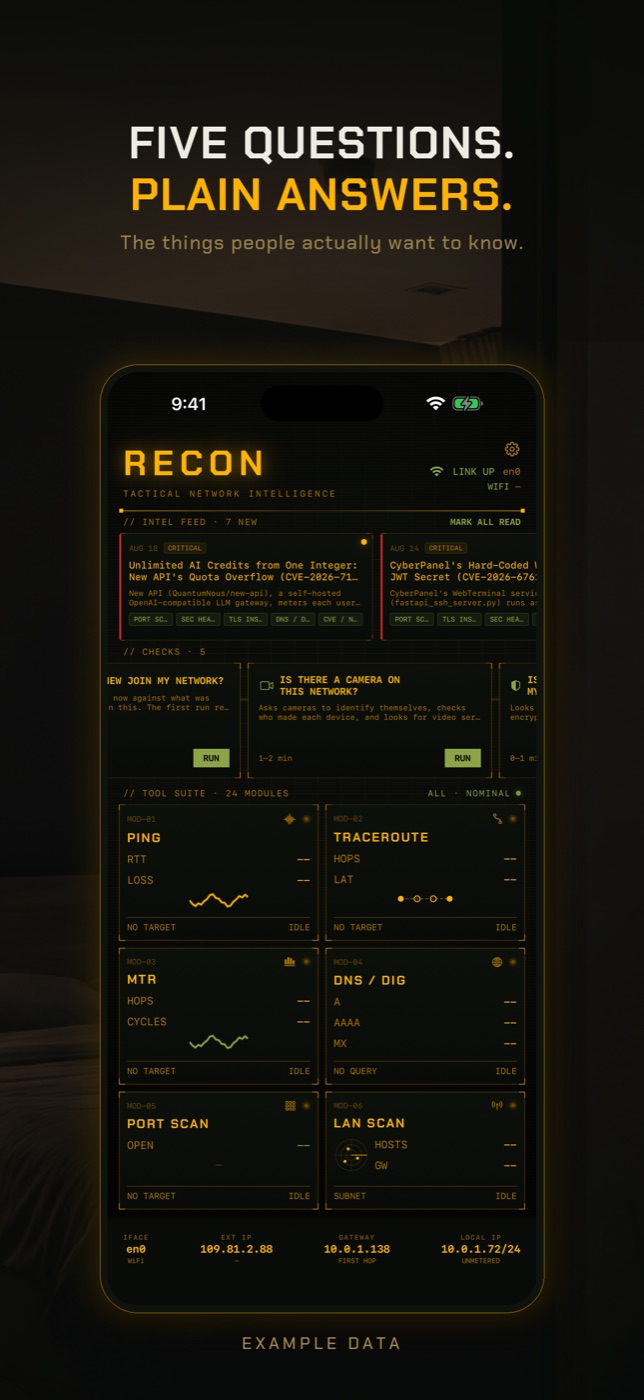 RECON dashboard on an iPhone with the five checks and the tool grid