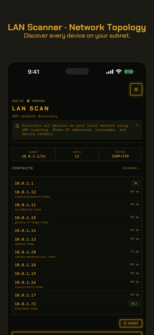 RECON LAN scan on an iPhone listing every device on the Wi-Fi with its manufacturer