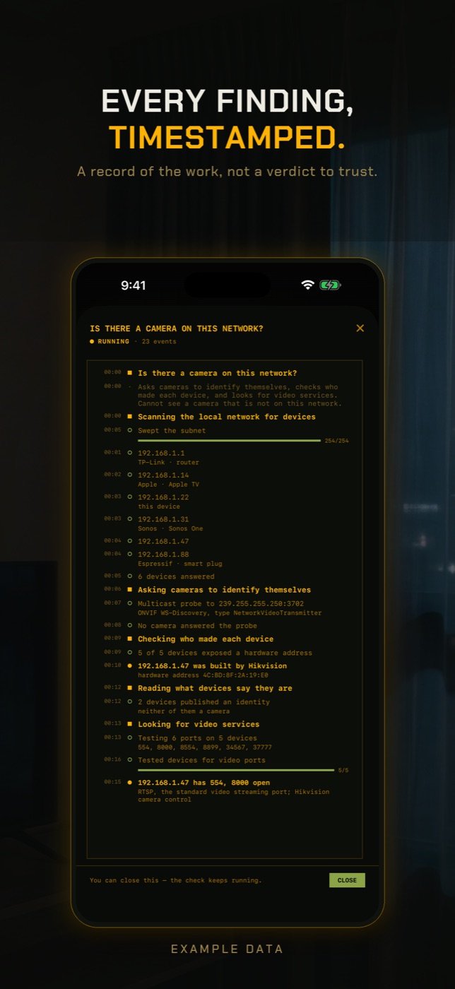 The camera check event log: subnet sweep, ONVIF probe, hardware-address vendor check, video port test
